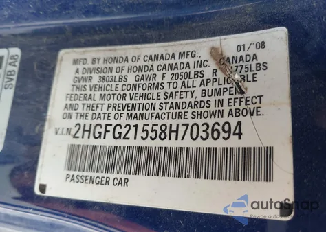 2008 Honda Civic Si z USA, uszkodzony, nr VIN 2HGFG21558H703694